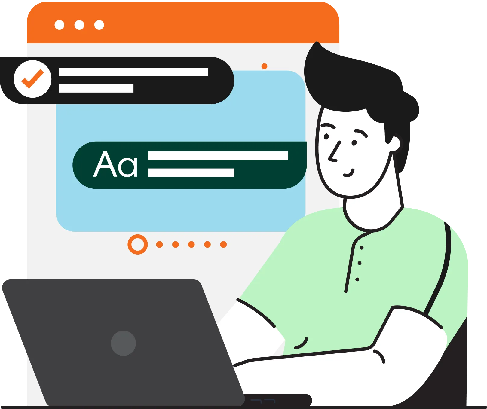 A person is using a laptop, smiling as they work. Behind them is a colorful interface with text elements and a checkmark, indicating a writing or editing task.