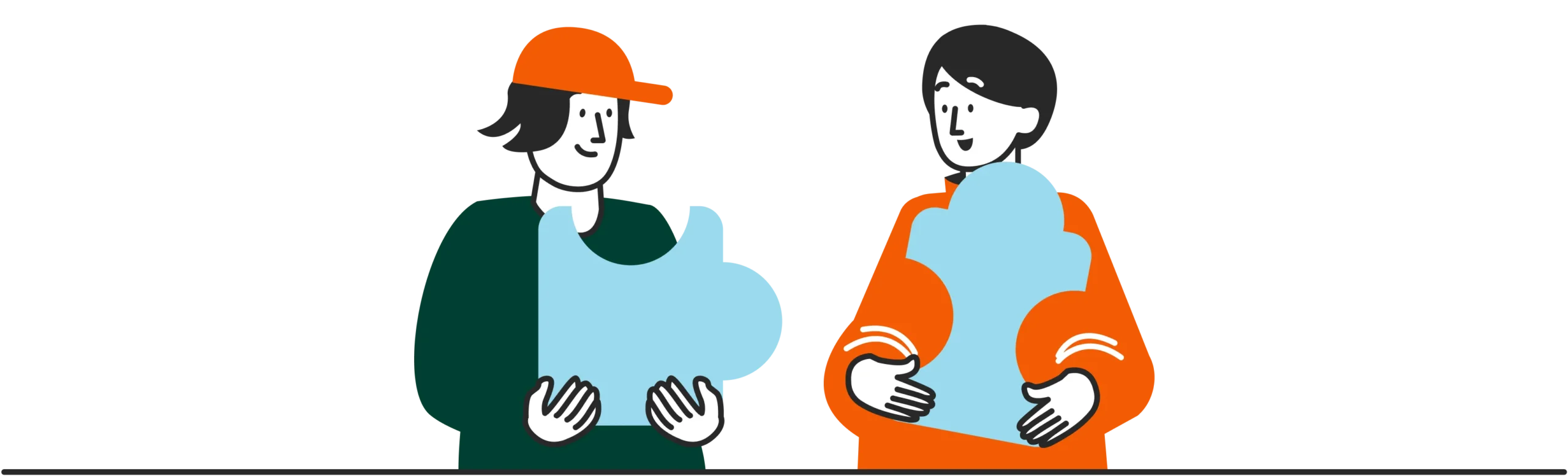Two cartoon figures hold large blue puzzle pieces, suggesting cooperation or teamwork. One wears an orange cap, while the other sports an orange jacket.